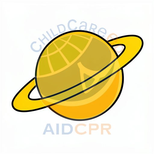 Yellow planet with ring orbiting