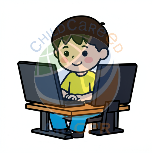 Boy smiling while using two computers