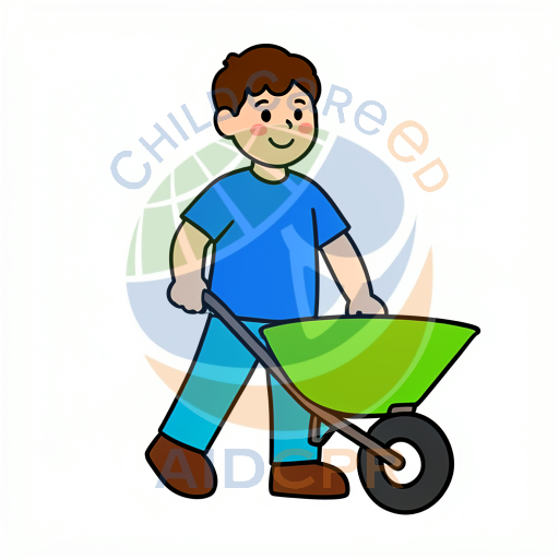 Child smiling while pulling wheelbarrow