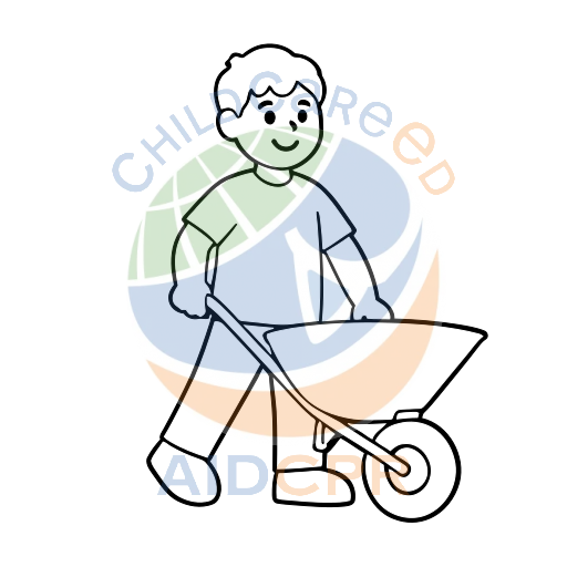 Child smiling while pulling wheelbarrow coloring page