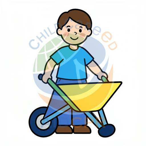 Child smiling while pushing wheelbarrow