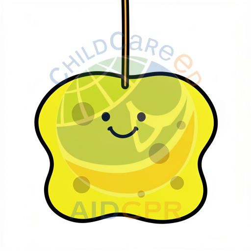Happy yellow sponge hanging from a string