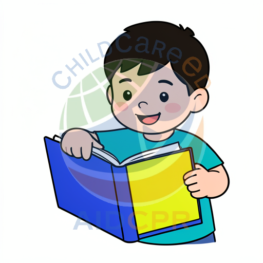 Child smiling while reading a blue book