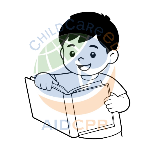 Child smiling while reading a blue book coloring page