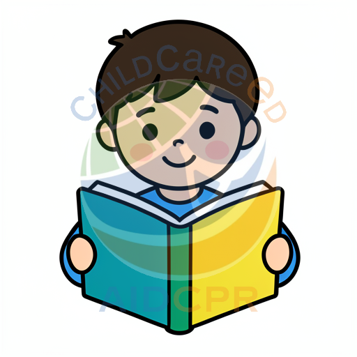 Young boy smiling while holding open book