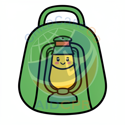 Happy lantern smiling inside green backpack