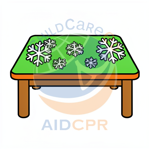 Green table with snowflake decorations