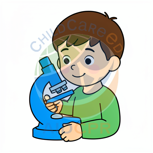 Child using blue microscope for science