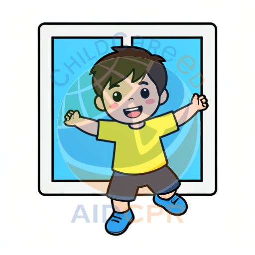 Happy boy jumping through window