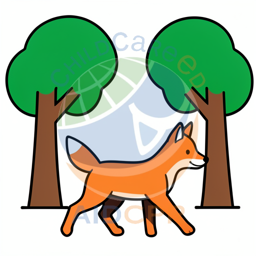 Orange fox walking between two green trees