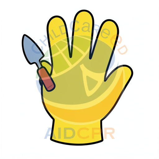 Yellow gloved hand holding small trowel