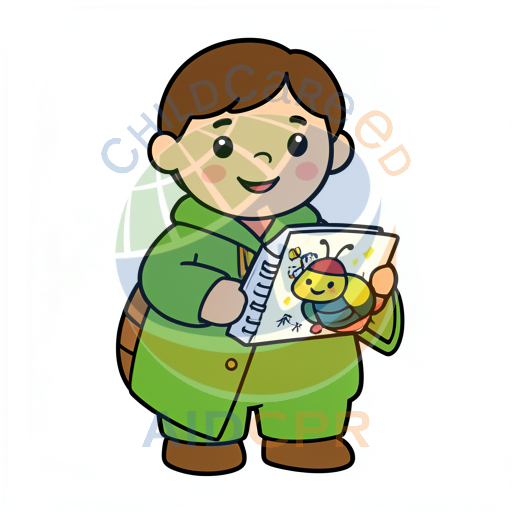 Child drawing a smiling bee in notebook