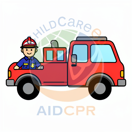 Happy firefighter in red fire engine