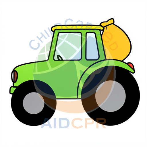 Green tractor pulling yellow sack