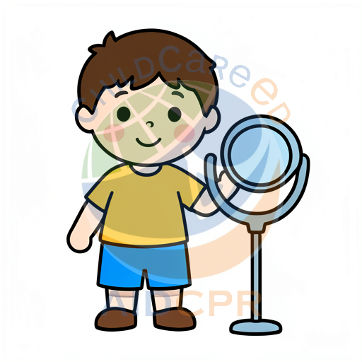 Boy smiling while holding a mirror