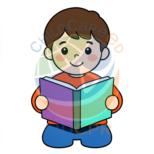 Young boy smiling while holding open book