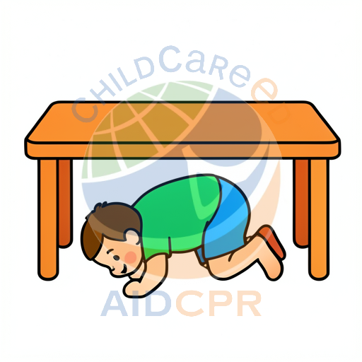 Child hiding under orange table