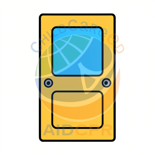 Yellow door with blue window and round knobs