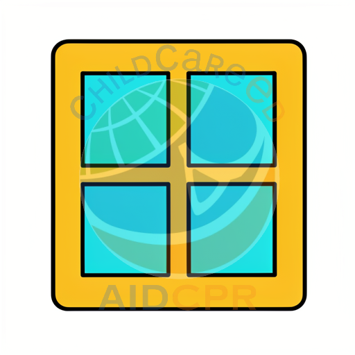 Yellow-framed window divided into four sections