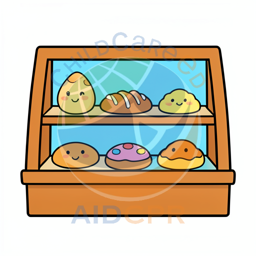 Cute smiling breads in bakery display case