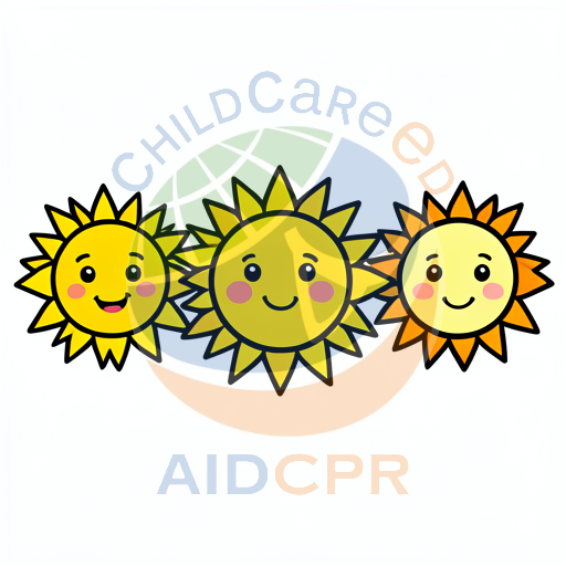 Three smiling suns with different colored rays