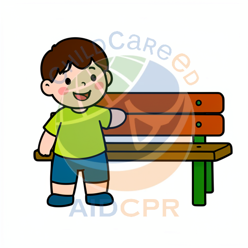 Happy boy smiling while leaning on bench