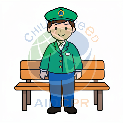 Friendly train conductor standing on bench