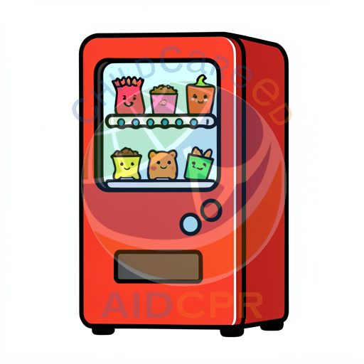 Red vending machine with smiling snack items