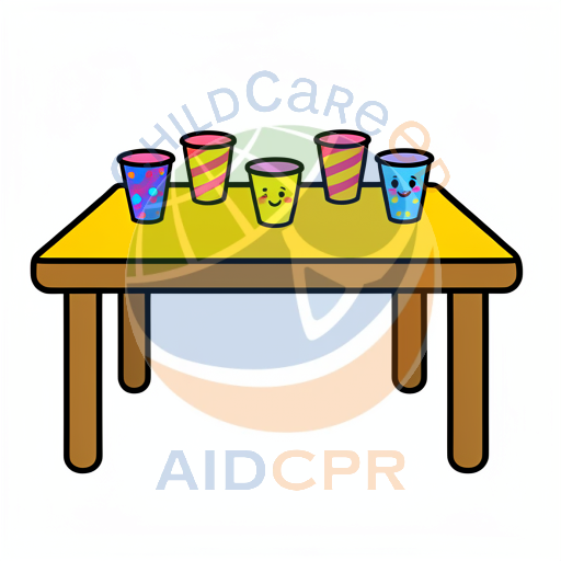 Five smiling cups on a yellow table