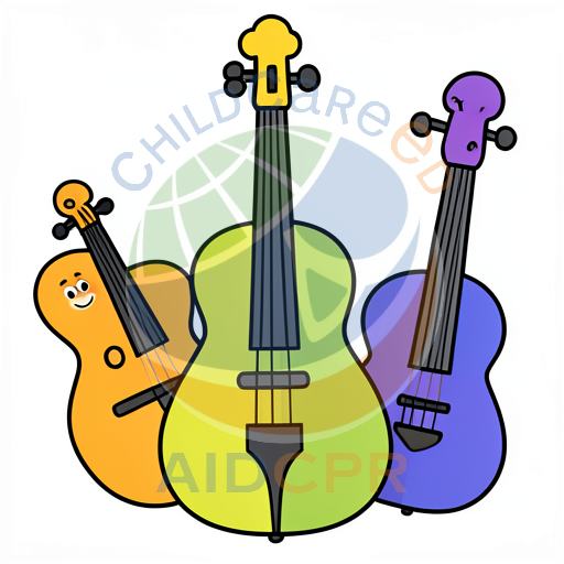 Three smiling colorful string instruments