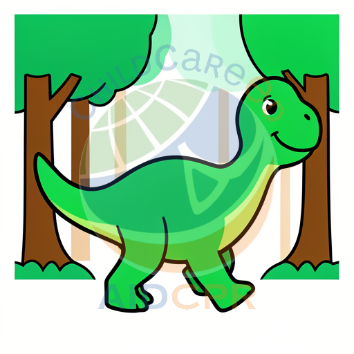Green dinosaur walking between trees