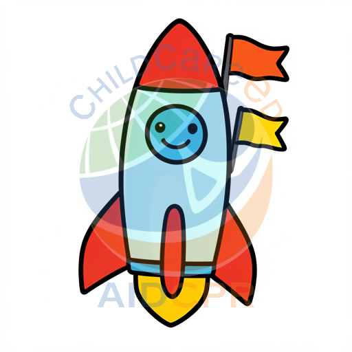 Happy rocket ship flying with flags
