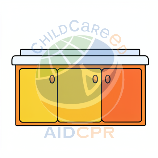 Yellow and orange kitchen cabinets with round knobs