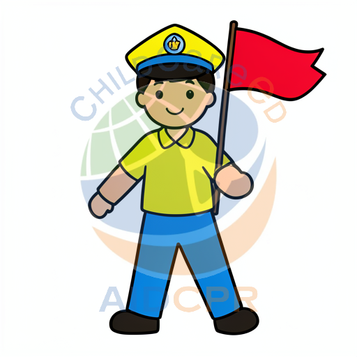 Child holding red flag while marching