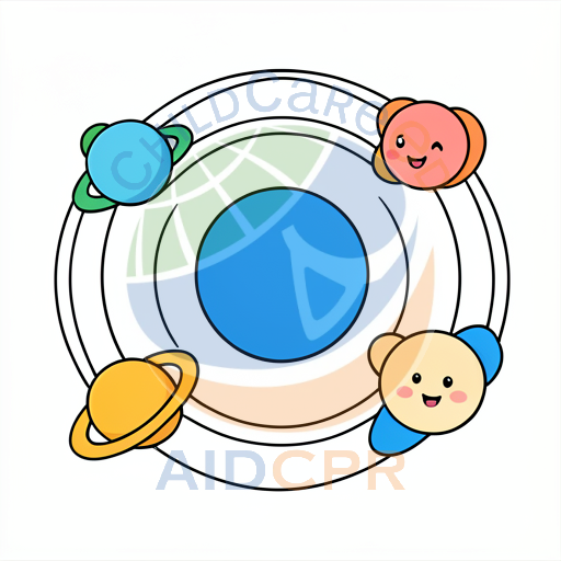Three smiling planets orbiting a blue sun