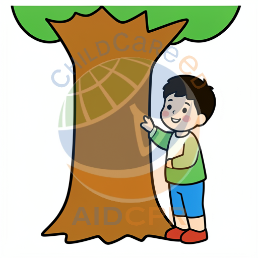 Boy hugging big tree trunk