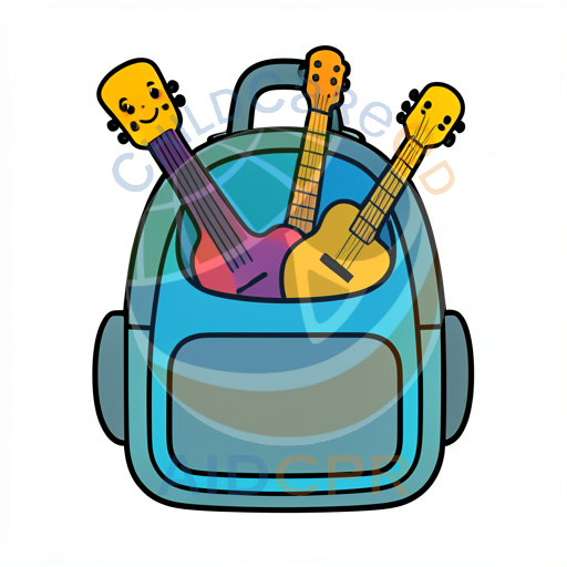 Backpack with three smiling guitars inside