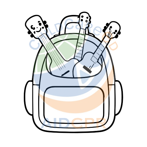 Backpack with three smiling guitars inside coloring page