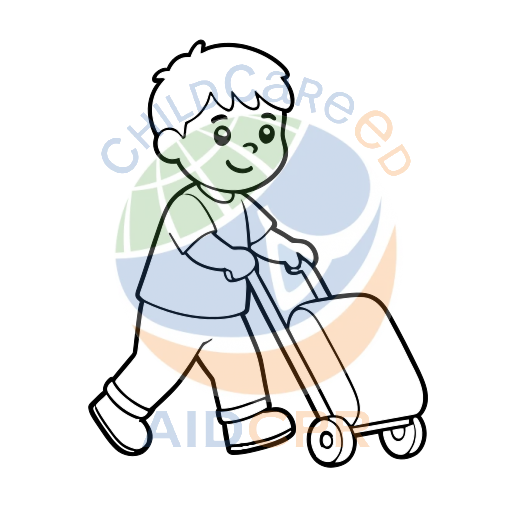 Boy pulling red rolling suitcase coloring page