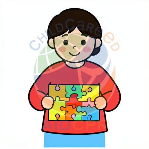 Smiling child assembling a rainbow puzzle