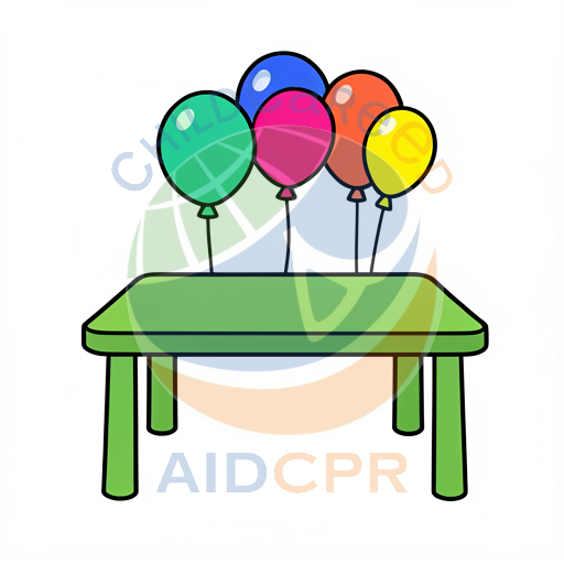Five balloons floating above a green table