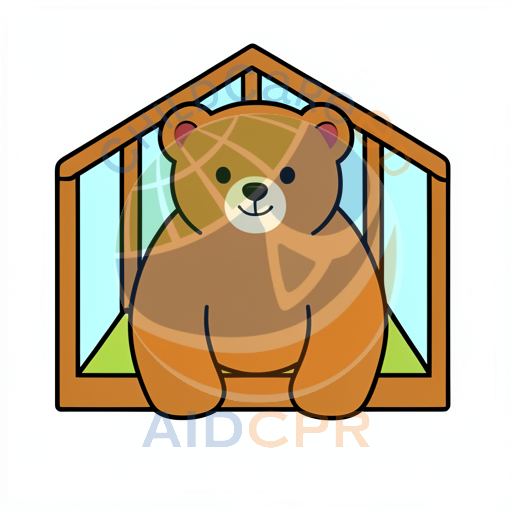 Brown bear sitting in window frame