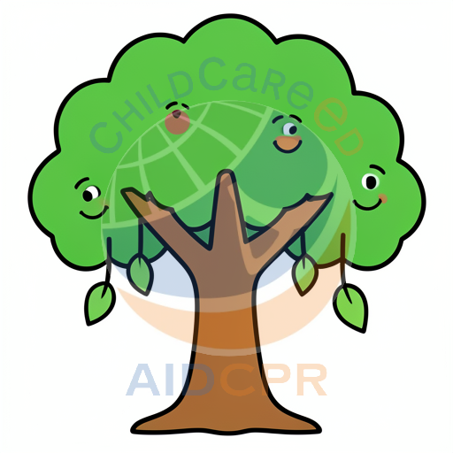 Three smiling faces on a green tree