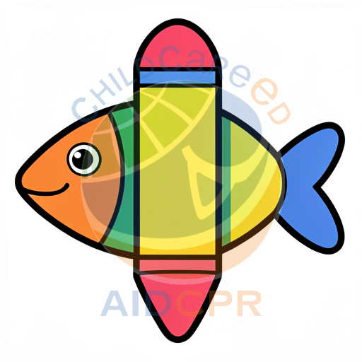 Colorful fish-shaped crayon with smiling face