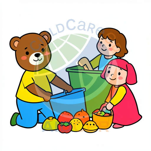 Bear and children sorting vegetables