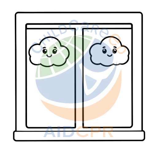 Two smiling clouds peeking through window coloring page