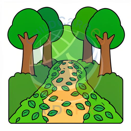 Leaf-covered path winding through green forest