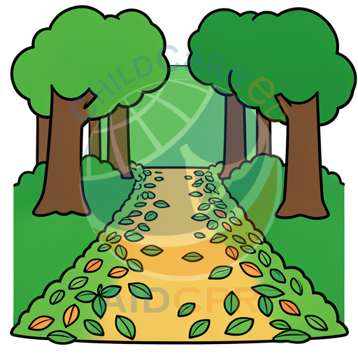 Pathway through forest with falling leaves