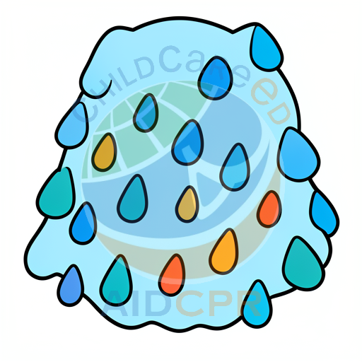 Blue raindrops falling on a light blue cloud