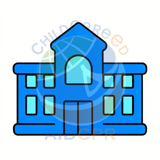 Blue school building with arched window